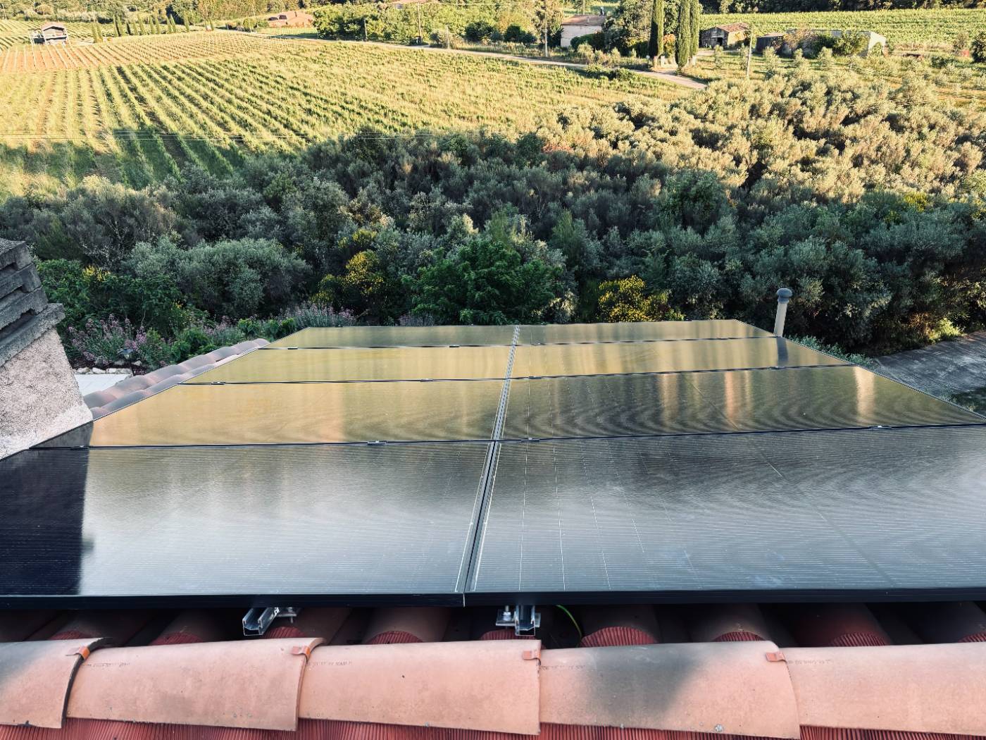 Vue rapprochée de modules photovoltaïques installés en toiture, vignes en arrière-plan, à Saint-Antonin-du-Var